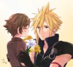  2boys arm_ribbon armor asymmetrical_hair black_gloves black_shirt blonde_hair blue_eyes bouquet brown_hair brown_shirt child closed_eyes cloud_strife denzel earrings final_fantasy final_fantasy_vii final_fantasy_vii_advent_children flower gloves hands_on_another&#039;s_shoulders high_collar holding holding_bouquet jewelry krudears multiple_boys open_collar ribbon shirt short_hair shoulder_armor single_earring spiked_hair suspenders upper_body wavy_hair white_flower yellow_background yellow_flower 