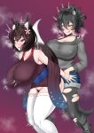  &gt;:) :o animal_ear_fluff animal_ears arm_grab bare_shoulders black_hair blush boots bottomless breasts brown_hair cleavage commission covered_nipples denim denim_shorts detached_sleeves dog_ears dog_girl dog_tail female_pubic_hair fox_ears fox_girl fox_tail futa_with_female futanari gorio4288 grey_legwear grey_sweater highres huge_breasts implied_futanari japanese_clothes large_breasts licking_lips naughty_face obi off-shoulder_sweater off_shoulder original pantyhose pubic_hair red_eyes sash sex sex_from_behind short_hair shorts simple_background skeb_commission steaming_body sweater tail taut_sweater thighhighs tongue tongue_out torn_clothes torn_legwear torogao v-shaped_eyebrows white_legwear 