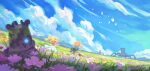  1boy 1girl absurdres bird blonde_hair blue_sky blue_tunic boots cloud dress field fingerless_gloves flower gloves good_end grass guardian_(breath_of_the_wild) happy highres link meadow mountainous_horizon o_hezzy open_mouth princess_zelda running scenery sky smile strapless strapless_dress the_legend_of_zelda the_legend_of_zelda:_breath_of_the_wild weapon weapon_on_back white_dress 
