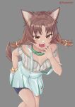  animal_humanoid azuki_(sayori) breasts brown_body brown_fur brown_hair cat_humanoid cleavage clothed clothing covering covering_mouth digital_media_(artwork) felid felid_humanoid feline feline_humanoid female fur hair hi_res humanoid looking_at_viewer mammal mammal_humanoid nekopara open_mouth overalls small_breasts smug solo tsutaroart video_games 