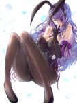  1girl absurdres alternate_costume animal_ears bare_shoulders black_footwear black_gloves black_legwear black_leotard bow breasts camilla_(fire_emblem) card clear_glass_(mildmild1311) cleavage detached_collar elbow_gloves eyebrows_visible_through_hair fake_animal_ears fire_emblem fire_emblem_fates gloves hair_over_one_eye highres holding holding_card leotard long_hair looking_at_viewer medium_breasts necktie one_eye_covered pantyhose playboy_bunny purple_bow purple_eyes purple_hair purple_necktie rabbit_ears signature sitting solo strapless strapless_leotard very_long_hair wavy_hair white_background 