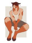  anthro ave_(wispuff) bottomwear bovid caprine clothed clothing cloven_hooves domestic_goat floppy_ears fully_clothed goat hair hair_over_eyes hi_res hooves horn male mammal nubian_goat shirt shorts sitting smile solo strayserval tank_top topwear 