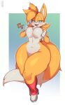  &lt;3 absurd_res anthro blue_eyes blush breasts canid canine crossgender dialogue english_text featureless_breasts female fox fur hi_res mammal miles_prower mtf_crossgender multicolored_body multicolored_fur navel sega solo sonic_the_hedgehog_(series) taiger text two_tone_body two_tone_fur white_body white_fur yellow_body yellow_fur 
