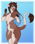  2022 anthro blue_background blue_eyes blue_hair border bovid bovine brown_body brown_fur brown_hair cattle curvy_figure dated digital_media_(artwork) flaccid fur genitals girly gradient_background gradient_hair hair horn hourglass_figure kitsunewaffles-chan long_hair looking_at_viewer male mammal navel penis portrait shaded simple_background small_waist solo standing tail_tuft tan_body tan_fur three-quarter_portrait tuft white_border 