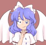  1girl bangs bow breasts brown_background buttons closed_mouth commentary crazy_eyes crazy_smile demon_wings dress face frilled_sleeves frills hair_bow hand_on_own_chin highres keb00b light_blue_eyes light_blue_hair looking_at_viewer mai_(touhou) medium_hair puffy_short_sleeves puffy_sleeves short_sleeves simple_background small_breasts touhou touhou_(pc-98) upper_body white_bow white_dress white_wings wings 