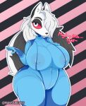  anthro big_breasts big_butt breasts butt camel_toe canid canine canis female fur hair helluva_boss hi_res long_tail loona_(helluva_boss) makydeli_(artist) mammal metroid nintendo simple_background solo text video_games white_body white_fur white_hair wide_hips wolf zero_suit 