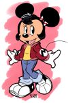  2022 4_fingers accessory anthro black_hair bottomwear clothing disney female fingers footwear hair hair_accessory hair_bow hair_ribbon jacket mammal minnie_mouse mouse murid murine open_mouth open_smile pants ribbons rodent rongs1234 shoes signature simple_background smile solo topwear 