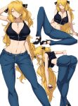  1girl bare_shoulders bent_over black_footwear blonde_hair breasts cleavage collarbone crop_top cynthia_(pokemon) denim eyebrows_visible_through_hair hair_ornament hair_over_one_eye hand_in_own_hair high_heels holding holding_poke_ball large_breasts long_hair looking_at_viewer midriff multiple_views navel partially_unzipped poke_ball pokemon pokemon_(game) pokemon_dppt shimure_(460) simple_background solo very_long_hair white_background 