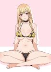  1girl absurdres anime_coloring arms_behind_back bare_legs barefoot bikini black_bikini black_choker blonde_hair blush breasts cameltoe choker cleavage closed_mouth commentary crossed_legs ear_piercing eyebrows_visible_through_hair female_pubic_hair floral_print full_body gradient_hair head_tilt highres indian_style kitagawa_marin large_breasts long_hair looking_at_viewer multicolored_hair navel o-ring o-ring_bikini ogre_(illustogre) partially_visible_vulva piercing pink_background pink_hair pubic_hair pubic_hair_peek red_eyes simple_background sitting smile solo sono_bisque_doll_wa_koi_wo_suru stomach straight_hair string_bikini swimsuit thighs two-tone_hair 