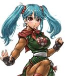  1girl amania_orz blue_hair breasts cosplay dragon_quest dragon_quest_iii earrings fighter_(dq3) fingerless_gloves gloves jewelry large_breasts long_hair looking_at_viewer simple_background solo twintails white_background 