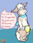  2019 3:4 anthro biped blush bodily_fluids canid canine dialogue diaper dust_(snowftd) eyes_closed fennec fox genital_fluids male mammal scarf signature simple_background solo speech_bubble standing urine wet_diaper wetting yaking 