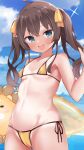  1girl :d absurdres ahoge armpits bangs bikini blue_eyes blush breasts brown_hair cameltoe cocozasa collarbone commentary_request covered_nipples ebi_frion_(natsuiro_matsuri) eyebrows_visible_through_hair hair_ribbon highres holding hololive inflatable_toy long_hair looking_at_viewer micro_bikini natsuiro_matsuri navel one-piece_tan open_mouth ribbon side-tie_bikini small_breasts smile solo standing stomach swimsuit tan tanlines teeth twintails upper_teeth virtual_youtuber yellow_ribbon 