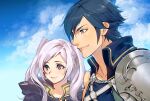  1boy 1girl armor asymmetrical_bangs bangs blue_eyes blue_hair braid brown_eyes chest_strap chrom_(fire_emblem) cloud cloudy_sky collarbone fire_emblem fire_emblem_awakening hair_between_eyes high_collar highres hood hood_down kin_mokusei robin_(fire_emblem) robin_(fire_emblem)_(female) shoulder_armor sky twintails upper_body white_hair 