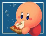  1boy absurdres blue_background blue_eyes border cheese_trail closed_mouth eating food highres holding holding_food holding_pizza kirby kirby_(series) male_focus no_humans parsley pizza solo star_(symbol) symbol-only_commentary vul3hl0smteyk1z white_border 