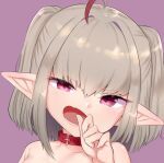  1girl ahoge belt_collar blush collar completely_nude fang grey_hair hand_up looking_at_viewer makaino_ririmu nijisanji nude open_mouth pink_eyes pointy_ears portrait purple_background simple_background skin_fang solo twintails utsusumi_kio 