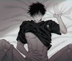  2boys abs anal bed_sheet black_hair blush clothes_lift commentary_request drooling fushiguro_megumi fushirun_rung green_eyes hand_on_own_stomach highres jujutsu_kaisen leg_grab lying m_legs male_focus missionary multiple_boys navel nipple_piercing on_back pectorals piercing pov sex sheet_grab shirt shirt_lift short_hair spiked_hair spread_legs sweat tears toned toned_male trembling yaoi 