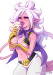  2019 alien alien_humanoid blush breasts clothing dessert dragon_ball dragon_ball_fighterz ear_piercing ear_ring eyeshadow female food food_fetish gloves hair handwear humanoid humanoid_pointy_ears ice_cream kajinman licking long_hair majin majin_android_21 makeup navel not_furry open_mouth piercing pink_body pink_skin red_eyes simple_background solo suggestive suggestive_food text tongue tongue_out url white_background white_hair 