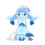  2017 3_fingers 3_toes aishasoup ambiguous_gender anthro black_nose blue_body blue_eyes blue_fur bodily_fluids clothing crying eeveelution feet fingers fur glaceon hat headgear headwear hi_res nintendo open_mouth paws pillow plushie pok&eacute;mon pok&eacute;mon_(species) simple_background solo tears toes video_games white_background 