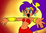  2021 5_fingers breasts clothing ear_piercing ear_ring female fingers genie hair humanoid humanoid_pointy_ears long_hair not_furry open_mouth open_smile piercing ponytail purple_hair rongs1234 shantae shantae_(series) signature smile solo tan_body tan_skin video_games wayforward 