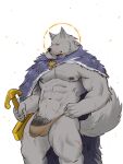 2022 3:4 abs absurd_res anthro asian_clothing balls barely_visible_balls barely_visible_genitalia big_penis blaidd_(elden_ring) body_hair bulge canid canine canis cloak clothed clothing east_asian_clothing elden_ring fangs fromsoftware genital_outline genitals hi_res kajin-sama looking_at_viewer male mammal melee_weapon mostly_nude muscular muscular_male navel nipples pecs penis penis_outline pinup pose scar simple_background solo standing sword teeth tenting underwear video_games weapon wolf 