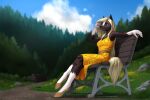  2022 absurd_res anthro bench breasts brown_eyes clothing dress equid equine eyebrows eyelashes female gloves_(marking) hair hi_res horse jewelry leg_markings long_hair mammal markings mykegreywolf necklace outside plant sitting socks_(marking) solo tree 