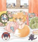  1boy 1girl animal_ears artist_name bed black_hair curtains double_bun dress fox_ears fox_girl fox_tail green_eyes highres indoors luoxiaohei nezha_(the_legend_of_luoxiaohei) orange_hair orange_nails phone pillow pink_dress ruoshui_(the_legend_of_luoxiaohei) sasamotosasa333 shadow sleeveless sleeveless_dress solo_focus stuffed_animal stuffed_cat stuffed_toy tail the_legend_of_luo_xiaohei window wuxian_(the_legend_of_luoxiaohei) 