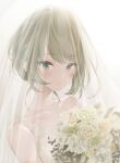  1girl blush bouquet bridal_veil bride collarbone dress green_hair idolmaster idolmaster_cinderella_girls light_smile looking_at_viewer mole mole_under_eye q-v_(levia) sleeveless sleeveless_dress solo takagaki_kaede upper_body veil veil_over_eyes 