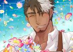  1boy apron bangs beard blush bouquet closed_eyes dark-skinned_male dark_skin eyebrow_cut facial_hair floral_background flower hair_over_one_eye highres holding holding_bouquet lilac_(live_a_hero) live_a_hero male_focus maskokihousamo mature_male multicolored_hair pectoral_cleavage pectorals shirt short_hair smile solo tan thick_eyebrows two-tone_hair white_shirt 