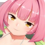  1girl :3 bikini blush close-up closed_mouth copyright_request fang fang_out highres looking_at_viewer medium_hair pink_hair portrait smile solo swimsuit utsusumi_kio white_bikini yellow_eyes 