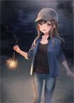  1girl :d baseball_cap black_shirt blue_pants blue_shirt breasts brown_eyes brown_hair cleavage collarbone collared_shirt commentary_request denim dress_shirt fireworks grey_headwear hat holding_fireworks jeans long_hair looking_at_viewer midorikawa_you night open_clothes open_shirt original outdoors pants ponytail senkou_hanabi shirt sidelocks small_breasts smile solo sparkler undershirt water 