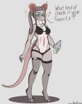  &lt;3 absurd_res anthro asking book breasts clothing dialogue female green_eyes grey_body hardenonn hi_res legwear looking_at_viewer mammal mouse mouse_tail murid murine panties rodent solo stockings tagme underwear 