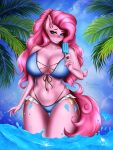  2022 absurd_res anthro ashimaroo bikini blue_eyes clothing cutie_mark digital_media_(artwork) equid equine eyebrows eyelashes female fingers food friendship_is_magic front_view hasbro hi_res looking_at_viewer mammal my_little_pony outside pinkie_pie_(mlp) popsicle solo swimwear water 
