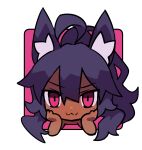  &gt;:) 1girl :3 absurdres ahoge animal_ears bangs border brown_kemomimi-chan_(krr) chibi closed_mouth commentary_request dark-skinned_female dark_skin dungeon_and_fighter eyebrows_visible_through_hair face highres korean_commentary long_hair looking_at_viewer original outside_border pink_background purple_eyes purple_hair rtari sidelocks simple_background smile solo upper_body v-shaped_eyebrows white_border 