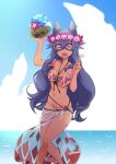  1girl adapted_costume animal_ears bangs beach bikini blue_hair bowl breasts cat_ears cleavage closed_eyes cloud commentary_request dated_commentary day eye_mask eyebrows_visible_through_hair feet_out_of_frame flower goinkyo hair_between_eyes head_wreath holding holding_bowl horizon kawagoe_pochi long_hair medium_breasts navel ocean open_mouth outdoors pink_flower poring ragnarok_online red_bikini sarong see-through_sarong shaved_ice smile solo sorcerer_(ragnarok_online) spoon strapless strapless_bikini swimsuit themed_object water 