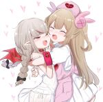  2girls :d apron black_bow blush bow braid cheek-to-cheek closed_eyes crossover dress from_side grey_hair hair_bow hat heads_together heart heart_print highres hug long_hair makaino_ririmu multicolored_hair multiple_girls natori_sana nijisanji nurse_cap one_eye_closed pink_apron puffy_short_sleeves puffy_sleeves red_eyes sana_channel short_sleeves smile streaked_hair twin_braids two_side_up utsusumi_kio white_dress wings 