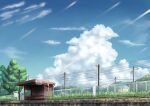  absurdres bench blue_sky building cloud commentary_request cumulonimbus_cloud day fence grass highres house original outdoors power_lines scenery sign sky summer train_station utility_pole yakaming 