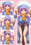  1girl animal_around_neck bangle bangs blue_eyes blue_flower blue_hairband blunt_bangs blush bracelet breasts commentary_request dated_commentary detached_sleeves dress eyebrows_visible_through_hair feet_out_of_frame flower fox hairband hat hat_flower jewelry kawagoe_pochi large_breasts leaning_forward long_hair looking_at_viewer open_mouth pelvic_curtain pink_background professor_(ragnarok_online) purple_hair ragnarok_online red_flower red_hairband sleeveless sleeveless_dress striped_sleeves white_headwear yellow_sleeves 