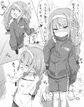  1girl @_@ absurdres bandaid bandaid_on_knee bandaid_on_leg blush braid closed_mouth floral_background greyscale headband highres jacket long_hair makaino_ririmu monochrome multiple_views nijisanji open_clothes open_mouth open_shirt pointy_ears running shirt shorts standing track_jacket translation_request twin_braids utsusumi_kio 