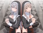  2girls absurdres bangs black_legwear blush breasts brown_eyes cleavage cross habit highres indoors large_breasts light_brown_hair looking_at_viewer multiple_girls nun original purple_eyes silver_hair sutochan thighhighs 