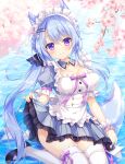  1girl ameto_yuki animal_ears apron ass blue_dress blue_hair blue_skirt blurry blurry_background blush branch breasts cherry_blossoms cleavage closed_mouth dress falling_leaves flower frilled_apron frilled_dress frilled_skirt frills hair_between_eyes hair_ornament hair_ribbon hairclip hairpin hand_up large_breasts leaf long_hair looking_at_viewer maid maid_apron maid_headdress medium_breasts original petals pink_flower ponytail purple_eyes ribbon shoes skirt smile tail thighhighs thighs water waves waving white_apron 
