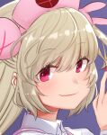  1girl blonde_hair blue_background blush closed_mouth collared_shirt fang fingernails hand_up hat looking_at_viewer nail_polish natori_sana nurse_cap pink_eyes portrait red_nails sana_channel shirt simple_background skin_fang smile solo utsusumi_kio wing_collar 