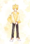  1boy animal_ears bag bear_boy bear_ears blonde_hair full_body handbag highres long_sleeves looking_at_viewer lulucoo male_focus necktie pants root_(stpri) school_uniform shirt shoes short_hair solo strawberry_prince vest white_shirt yellow_eyes yellow_vest 