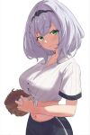  1girl absurdres alternate_costume ball baseball baseball_mitt baseball_uniform blush breasts cleavage closed_mouth crop_top eyebrows_visible_through_hair from_side green_eyes grey_hair hairband highres holding holding_ball hololive large_breasts looking_at_viewer medium_hair midriff navel shirogane_noel shirt simple_background smile solo sportswear stomach tied_shirt upper_body virtual_youtuber white_background whitek 