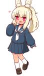  1girl :d animal_ear_fluff animal_ears bangs black_choker black_footwear blonde_hair blue_sailor_collar blue_serafuku blue_shirt blue_skirt blush choker collarbone commentary_request eyebrows_visible_through_hair fang full_body heart heart-shaped_pupils highres loafers long_hair long_sleeves looking_at_viewer masurao_(sekaiju) masurao_2_(sekaiju) naga_u neckerchief pleated_skirt ponytail puffy_long_sleeves puffy_sleeves rabbit_ears red_eyes sailor_collar school_uniform sekaiju_no_meikyuu sekaiju_no_meikyuu_5 serafuku shirt shoes simple_background skirt sleeves_past_wrists smile socks solo standing standing_on_one_leg symbol-shaped_pupils thick_eyebrows white_background white_legwear white_neckerchief 