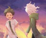  2boys :d ahoge bangs black_pants blush brown_hair closed_eyes collared_shirt danganronpa_(series) danganronpa_2:_goodbye_despair green_jacket green_necktie grey_hair hinata_hajime holding_hands hood hood_down jacket keroro7 komaeda_nagito messy_hair multiple_boys necktie open_clothes open_jacket open_mouth outdoors pants shirt short_hair smile standing sunset teeth tongue upper_teeth white_shirt 