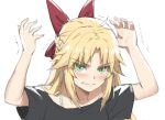  1girl ahoge alternate_costume bangs black_shirt blush bow braid collarbone fate/apocrypha fate_(series) green_eyes hair_bow hands_up long_hair mordred_(fate) shiny shiny_hair shirt short_sleeves simple_background solo tonee trembling upper_body white_background 