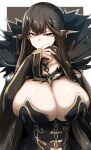  1girl bangs bare_shoulders black_dress blush breasts bridal_gauntlets brown_hair cleavage dress fate/apocrypha fate_(series) fur_trim gin_moku gold_trim highres large_breasts long_hair looking_at_viewer pointy_ears semiramis_(fate) sidelocks slit_pupils spikes very_long_hair yellow_eyes 