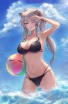  1girl animal_ears armpits ball beachball blush breasts cleavage collarbone highres hololive huge_breasts long_hair narrow_waist nathon navel ocean one_eye_closed open_mouth shishiro_botan smile solo swimsuit thick_thighs thighs twintails virtual_youtuber 