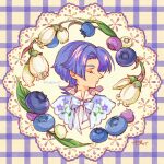  1boy bangs blue_bow blue_capelet blueberry blueberry_blossoms bow capelet checkered_background closed_eyes closed_mouth doily floral_print flower food fruit medium_hair original parted_bangs portrait profile purple_flower purple_hair saigasai twitter_username white_flower 