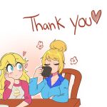  2girls absurdres bbycheese blonde_hair blue_eyes blue_pajamas blush chair cup drinking eyebrows_visible_through_hair flower heart highres long_hair mario_(series) metroid mug multiple_girls no_nose outline pajamas princess_peach print_shirt raglan_sleeves samus_aran shirt thank_you upper_body white_outline 